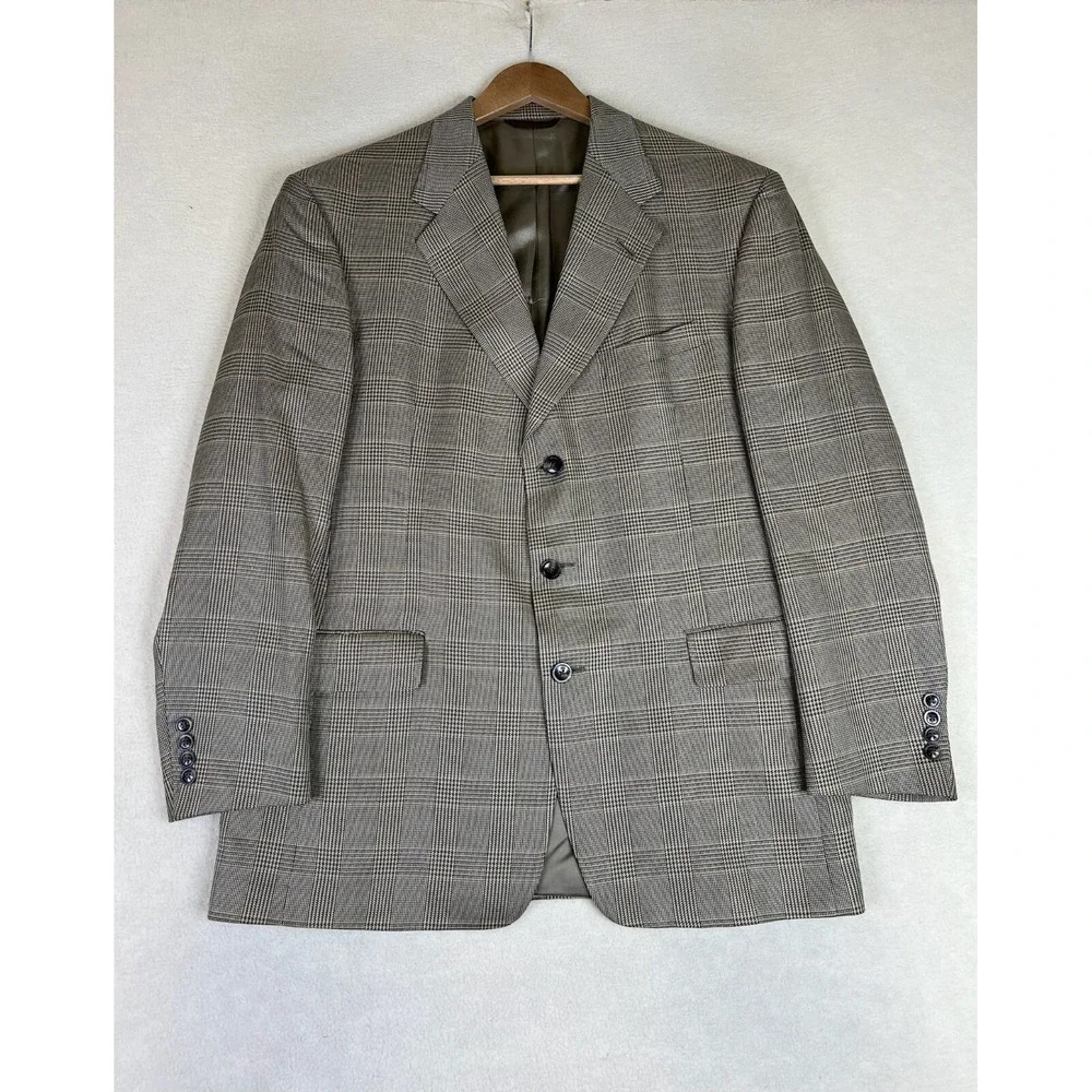 Hart Schaffner Marx Blazer Men's 42R Beige Plaid Check 3 Button Suit Jacket Wool